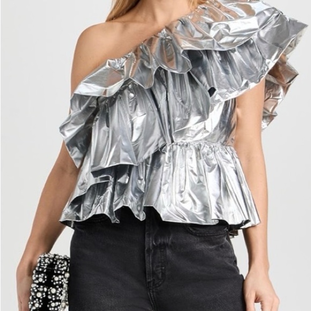 Metallic Silver One-Shoulder Ruffle Peplum Top (pre-owned)Women’s XS